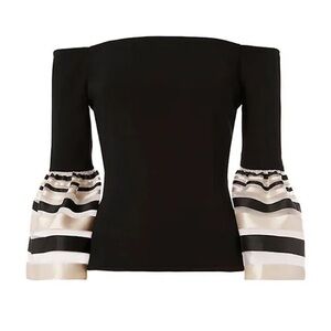 intermix dacia sheer stripe flare sleeve off the shoulder top in black